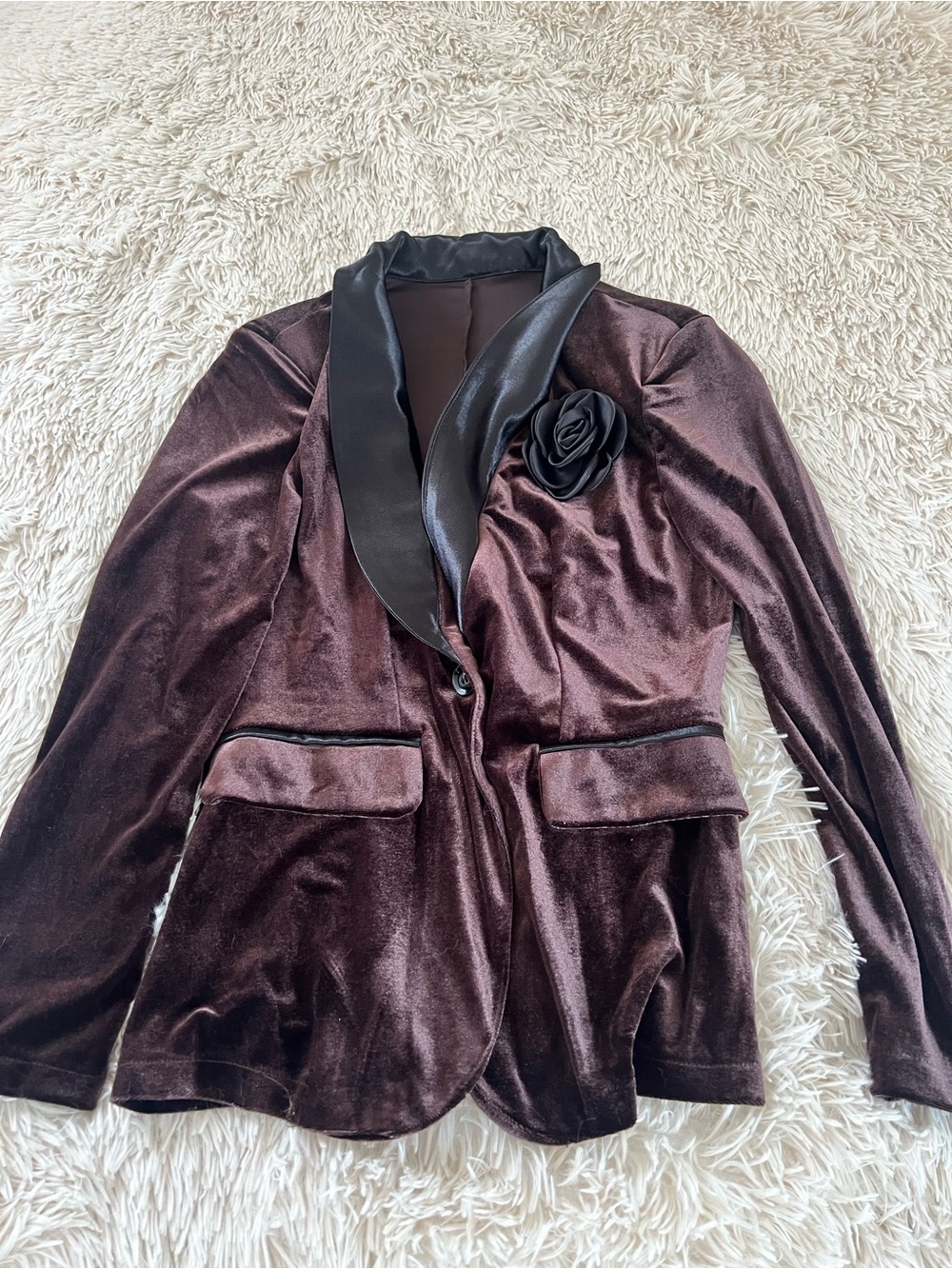 Women’s Velvet Blazer Jacket with Satin Lapel in Deep Brown
